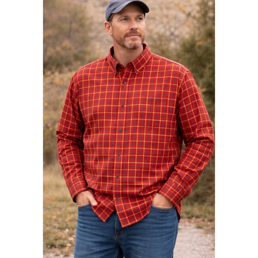 Cabela's Red Gold Plaid Button Down Shirt Men's 2XL Long Sleeve Outdoor Hunting
